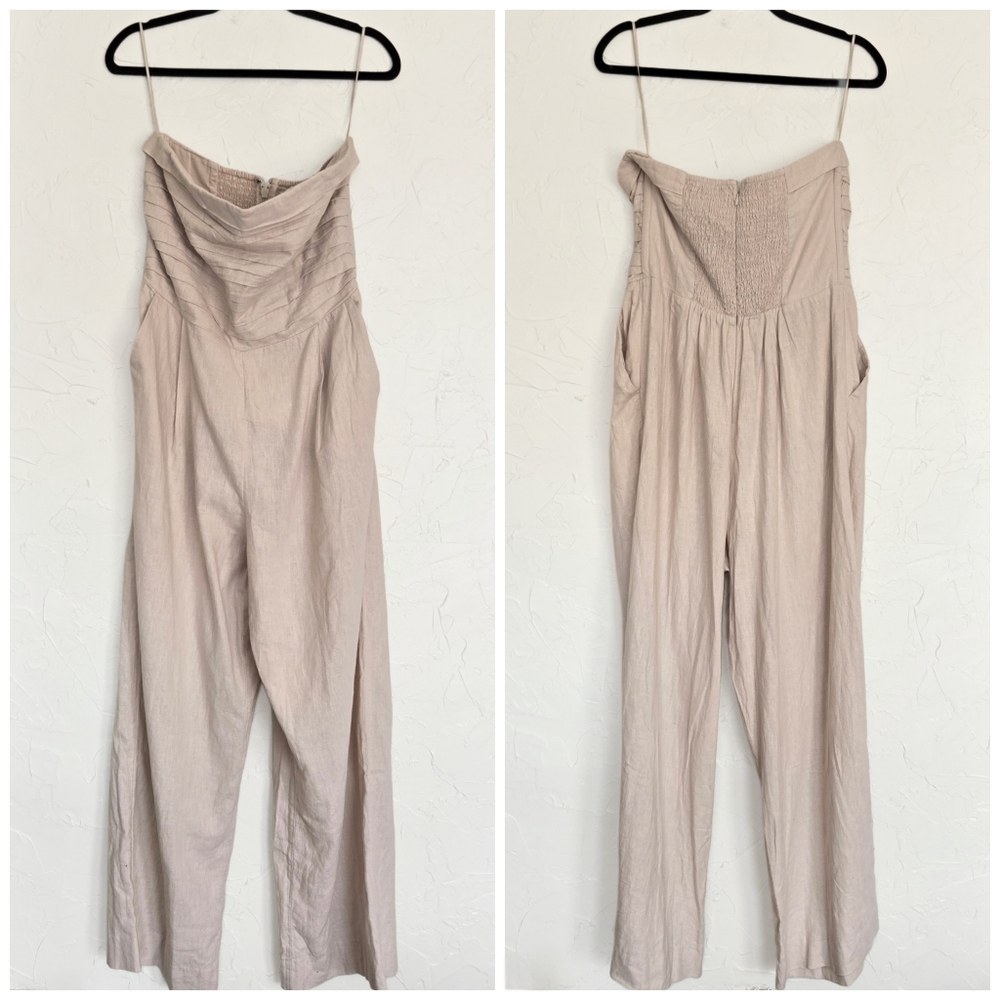 Abercrombie & Fitch Beige Strapless Linen Jumpsuit - Picture 3 of 12